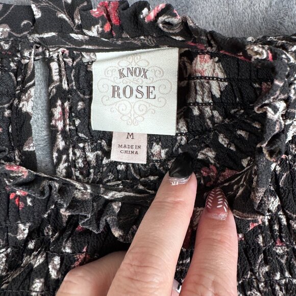 Knox Rose Medium Black Floral Peasant Blouse Smocked Boho Top Blouse Sleeveless - Picture 9 of 9